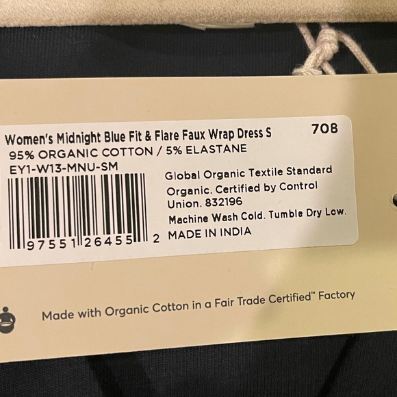 NEW! Pact Midnight Blue Belted Fit and Flare Faux Wrap Dress Size Small NWT! - Picture 10 of 10